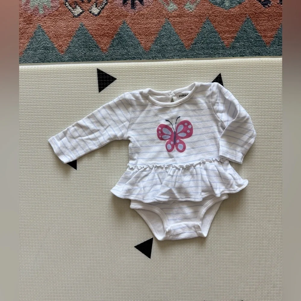 Pekkle|Baby girl soft white striped butterfly print onesie dress in size 6M•••